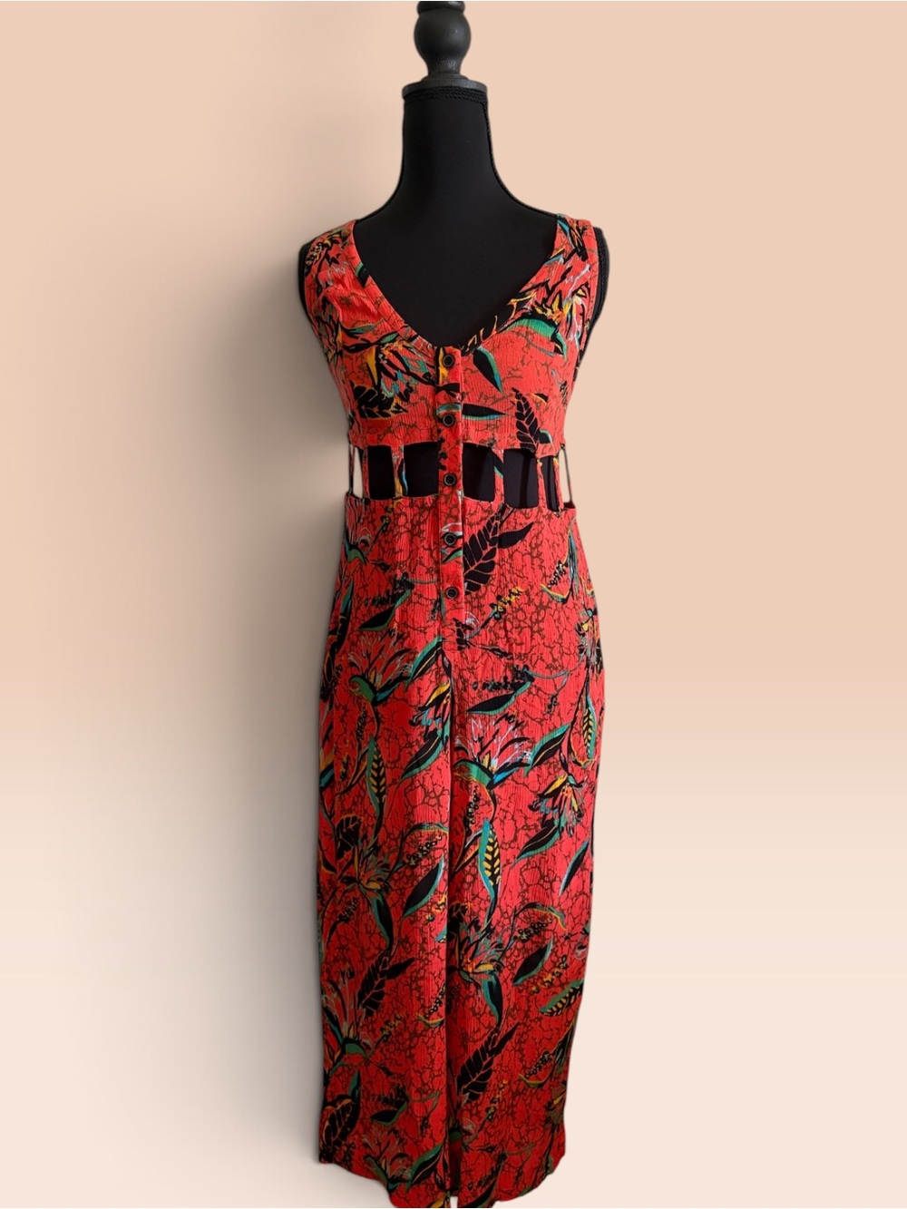 Orange Tropical Cutout Jumpsuit with Button Front